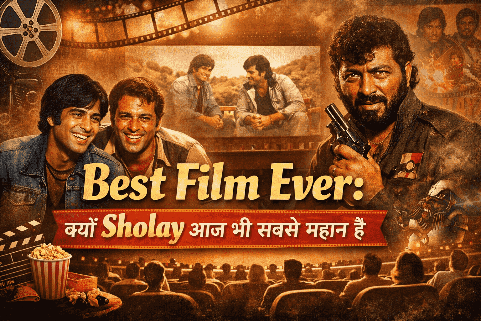 Best Film Ever Sholay feature image showing Jai Veeru friendship and Gabbar Singh, representing the timeless legacy of classic Hindi cinema
